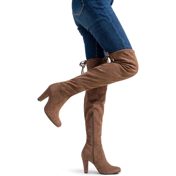 Women's Mocha Toffee Suede Inner Zipper Thigh High Over The Knee High Heel Boots - Picture 8 of 9